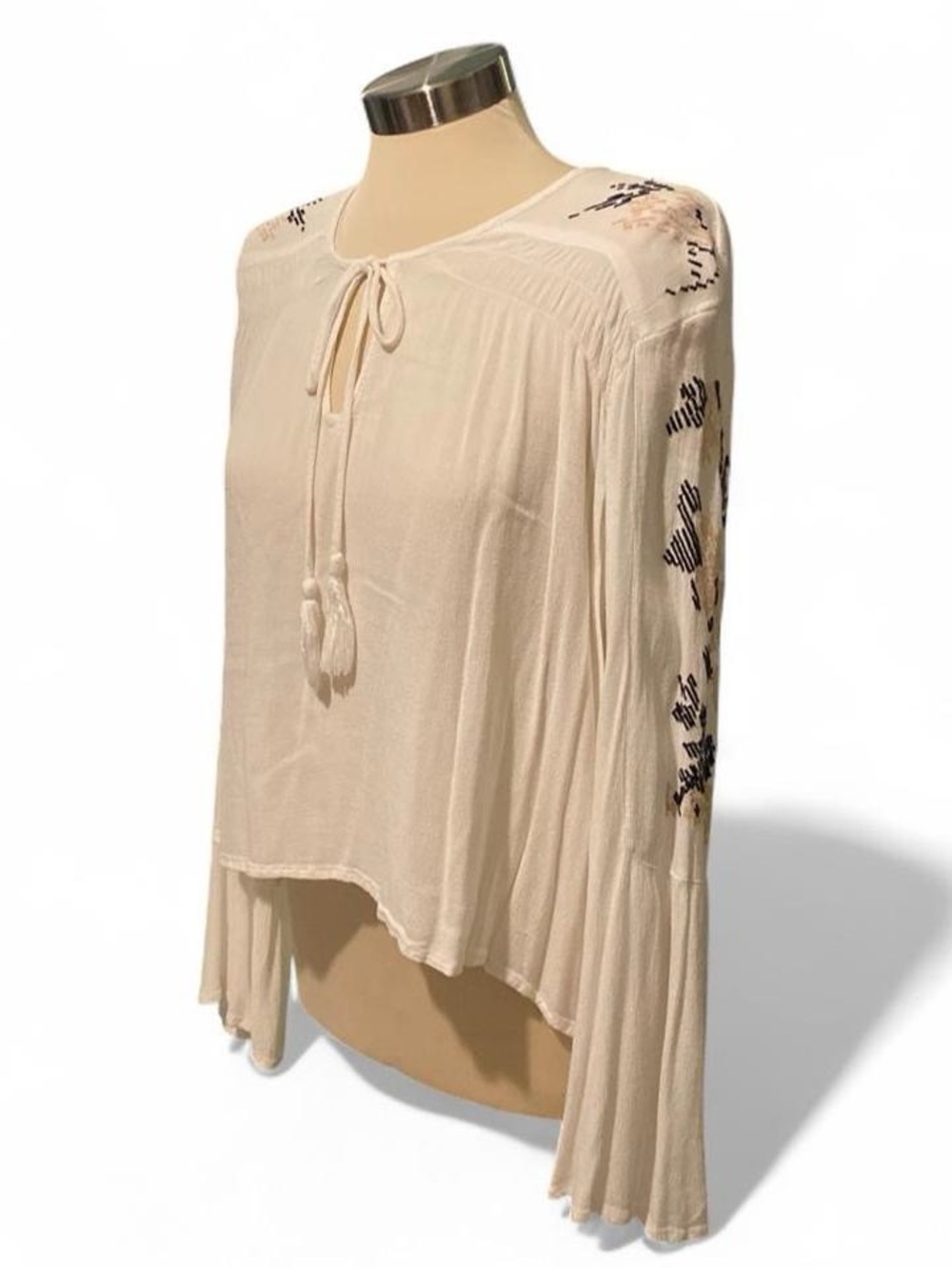 Cotton On White Tie-Neck Boho Blouse with Embroidered Bell Sleeves and Neckline
